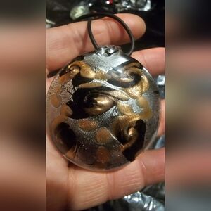 Murano Glass Pendant Necklace Black & Gold w/Leather String 15"